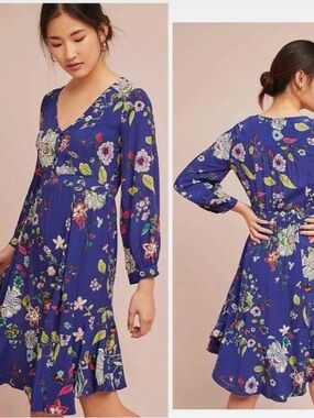 Anthropologie Maeve Cobalt Floral V-Neck Long-Sleeve Dress